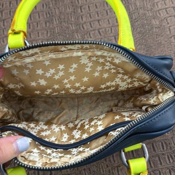 Princess Vera Wang Navy Blue Neon Yellow Star Print Satchel Bag Small Handbag - Picture 9 of 13